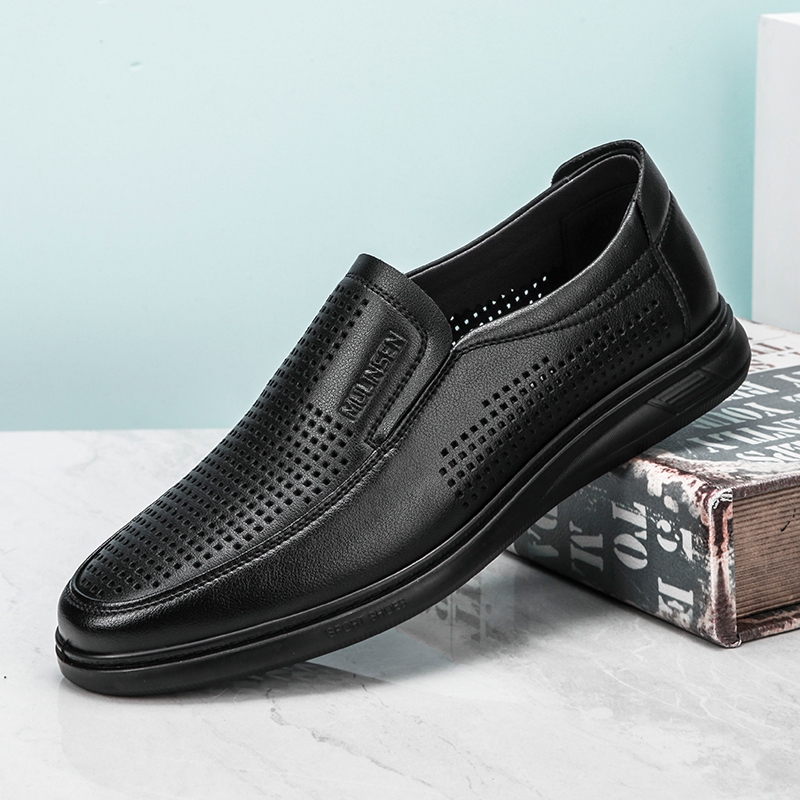 官方男鞋夏季新款牛皮鞋男镂空透气轻便软底一脚蹬商务休闲懒人鞋