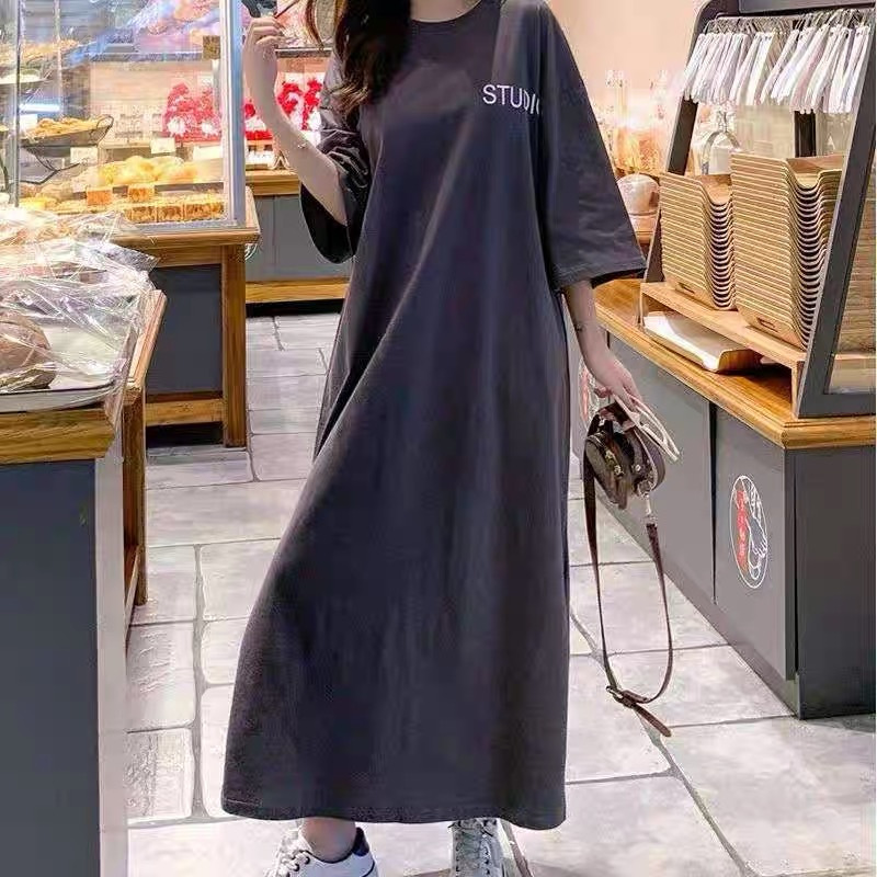 韩国大码T恤女装胖mm懒人长款短袖宽松过膝大码连衣裙夏季长裙子