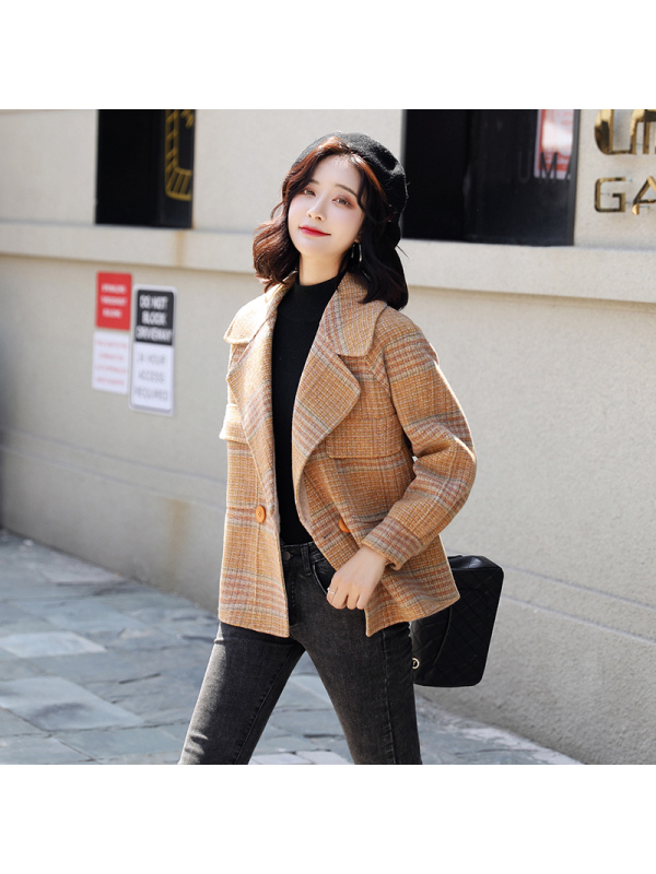 hyco格子短款毛呢小个子羊毛外套女2020新款粗花呢双面羊绒大衣女