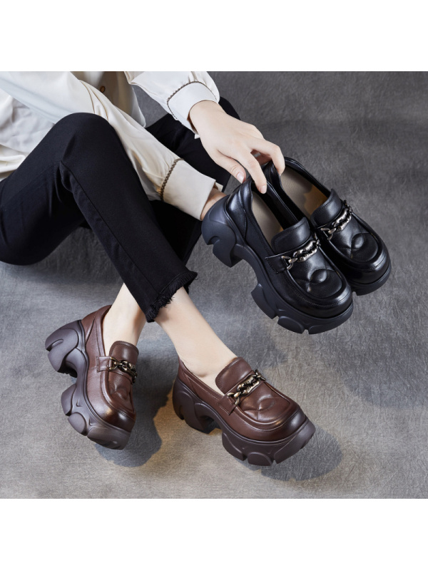 英伦厚底乐福鞋女秋季新款小个子增高单鞋真皮松糕圆头小皮鞋