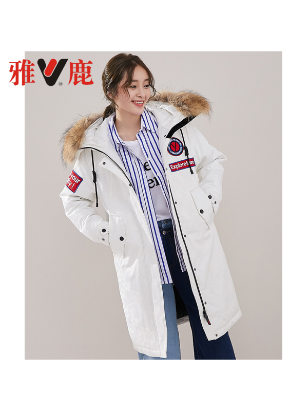 yaloo/雅鹿情侣中长款2018羽绒服女貉子大毛领新款加厚连帽鹅绒服