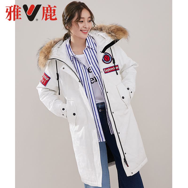 yaloo/雅鹿情侣中长款2018羽绒服女貉子大毛领新款加厚连帽鹅绒服图片