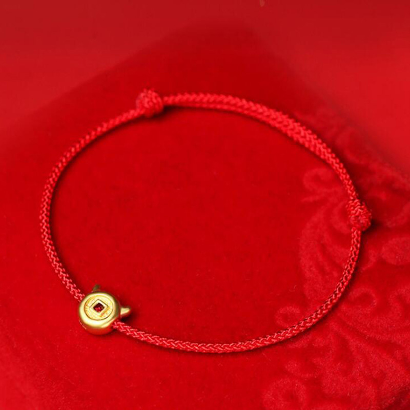 帛兰梓韵黄金手链向钱犇红绳手链足金牛硬金扭转乾坤铜钱手饰生肖情侣