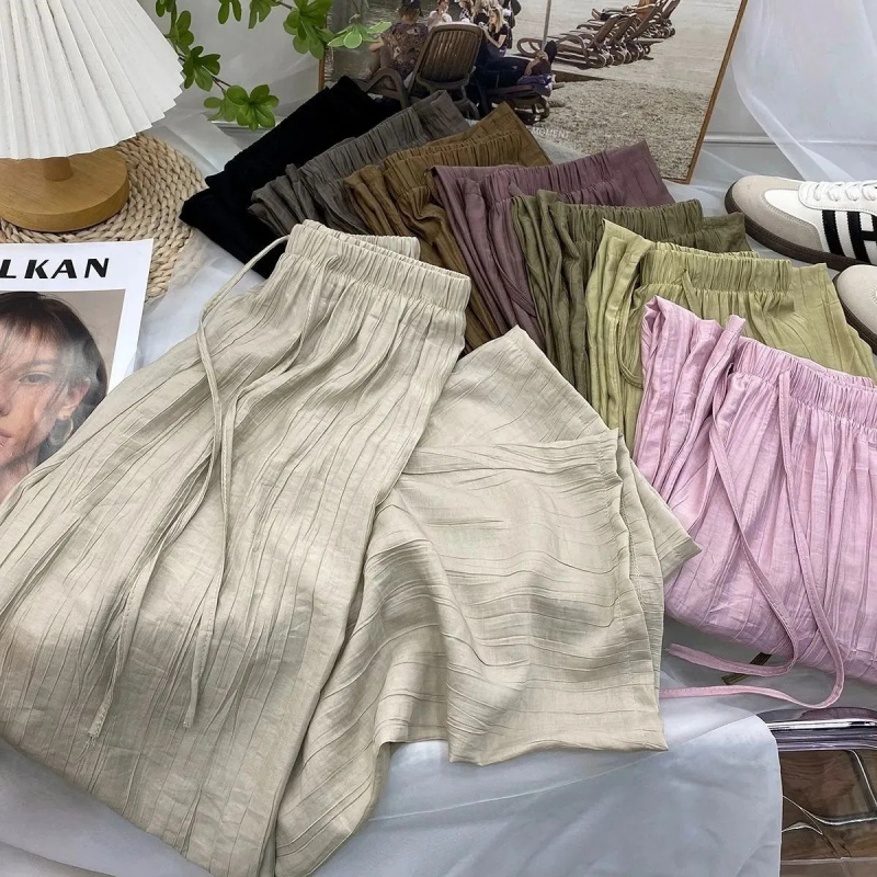 杏色阔腿裤女夏季新款薄款高腰垂感休闲日系慵懒风褶皱山本裤子潮
