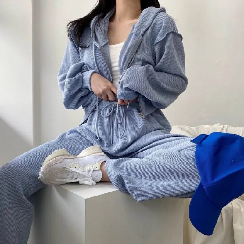 春秋季薄款时尚套装休闲宽松直筒裤女套装宽松显瘦拉链连帽两件套