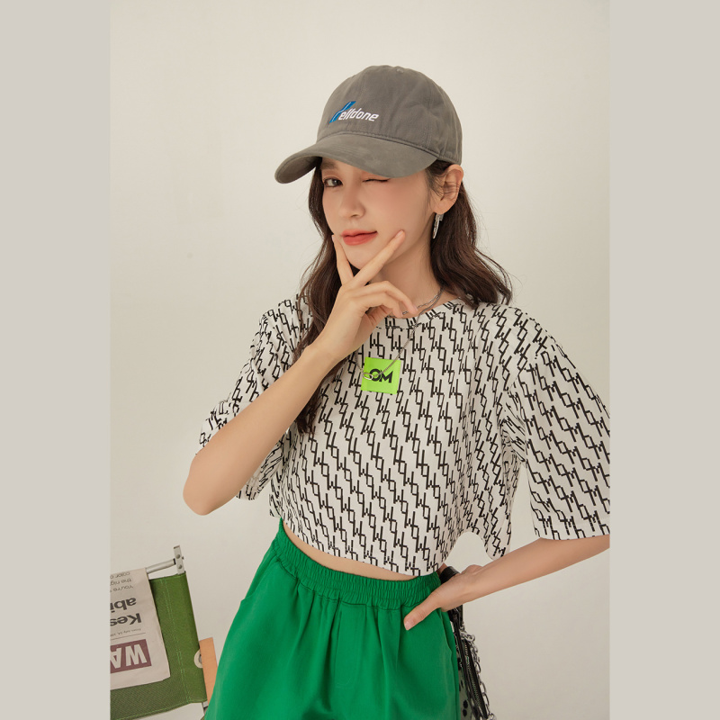 othermix印花短袖t恤女2021年夏季新款韩版圆领时尚潮流短款上衣