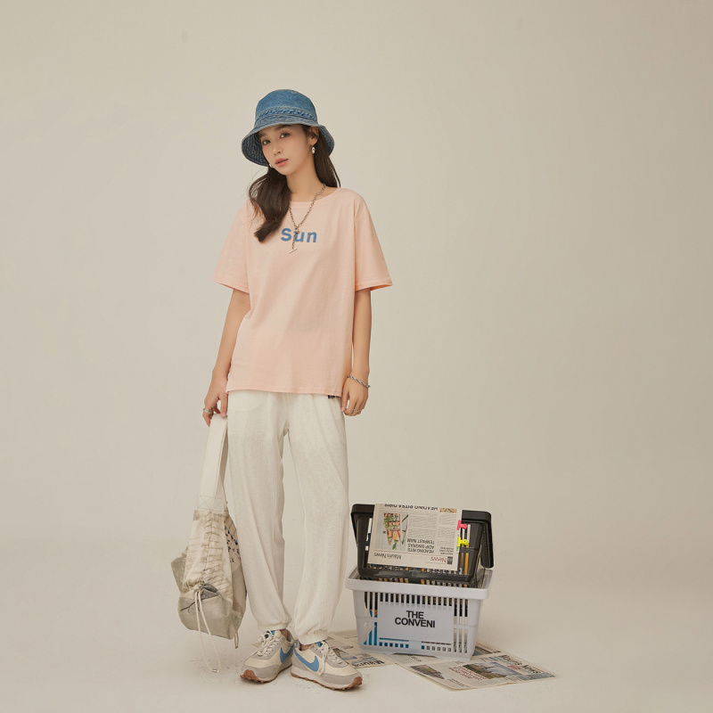 othermix字母绣花t恤女2021年夏季新款时尚薄款圆领宽松短袖上衣