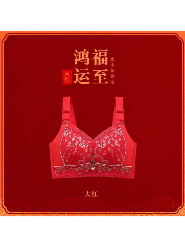 新款大红色文胸性感内衣女本命年无钢圈结婚新娘调整型胸罩 大红 48/110E