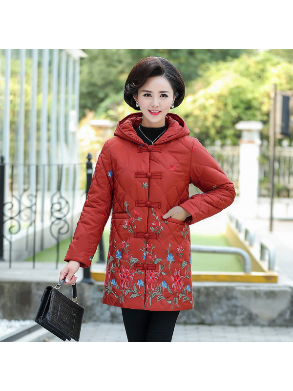妈妈冬装棉衣加厚中长款外套民族风中年女唐装棉袄连帽棉服绣花新款6613