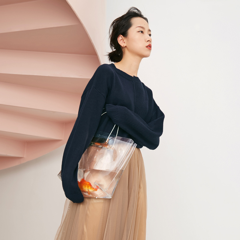森宿Y秋冬装2018黑色慵懒风圆领套头宽松打底长袖针织毛衣女