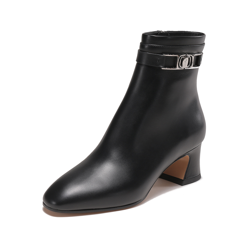 菲拉格慕 Salvatore Ferragamo 女士牛皮革VARA链饰高跟粗跟靴子短靴踝靴 0753957
