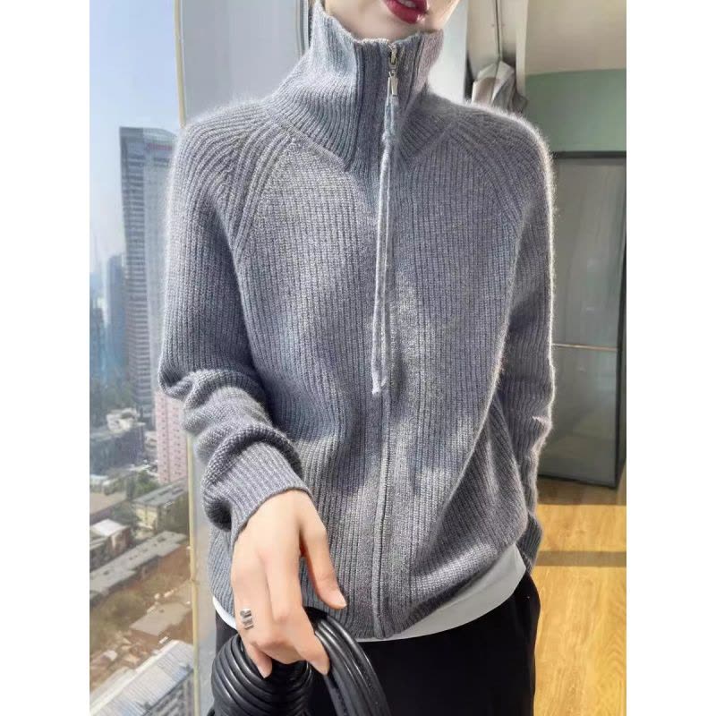 24秋冬新款韩版慵懒高领落肩针织开衫双开拉链宽松显瘦时髦上衣女图片