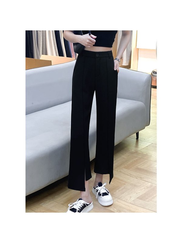 Ceba开叉阔腿裤女裤春秋直筒垂感休闲高腰显瘦黑色夏季薄款微喇叭西装