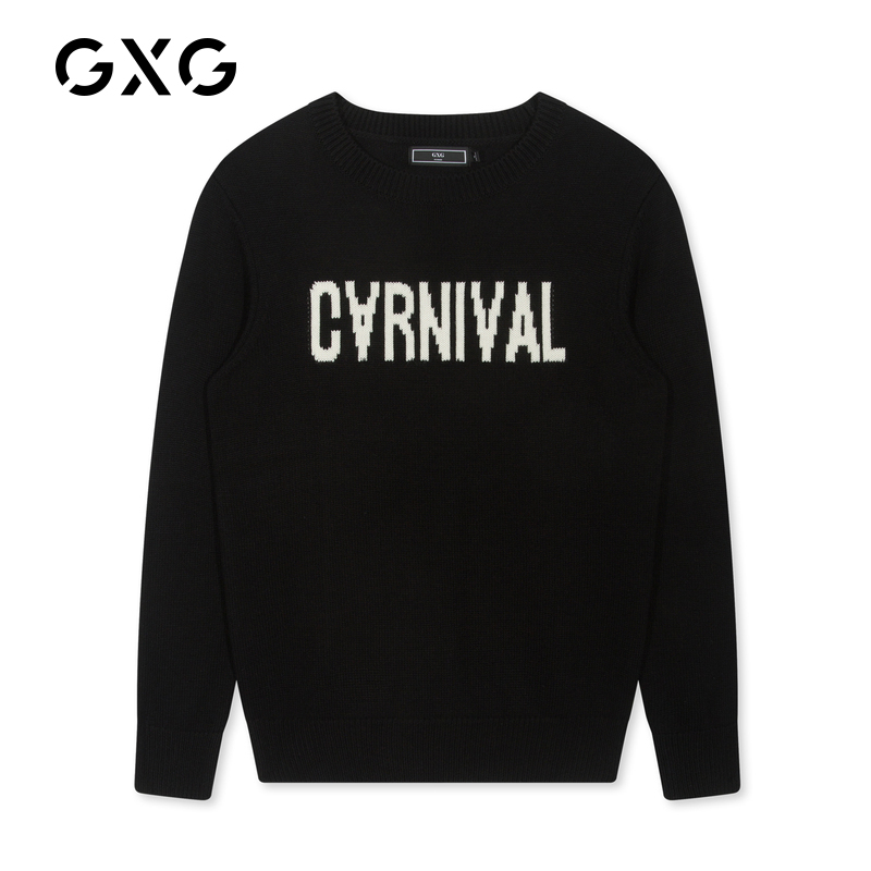 GXG男装 冬季男士韩版港风休闲时尚黑色字母圆领毛衫#GA120614G