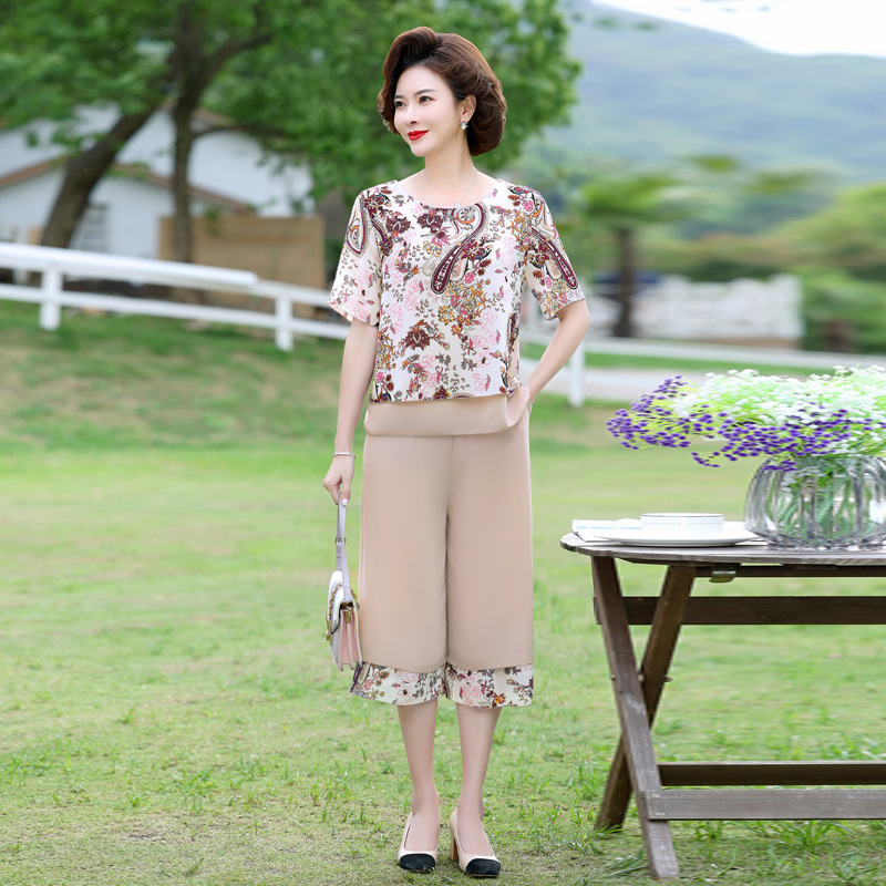 中老年人夏装女短袖雪纺衫套装洋气50岁妈妈宽松上衣裤子两件套