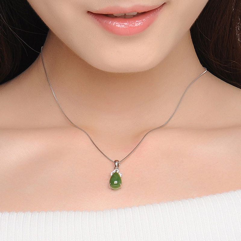 蒂蔻时尚优雅碧玉镶嵌水滴银吊坠项链女士款925银挂坠套链情人节生日