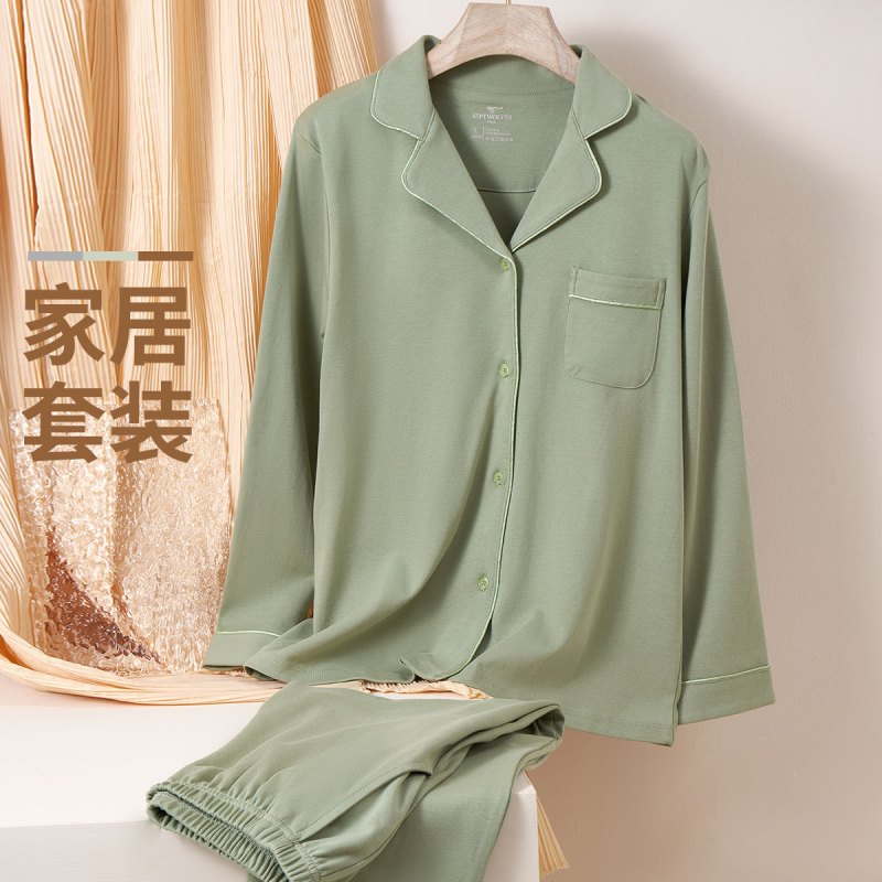 七匹狼100%棉开襟睡裤男女士睡衣家居服男女长袖套装春秋纯棉两件套