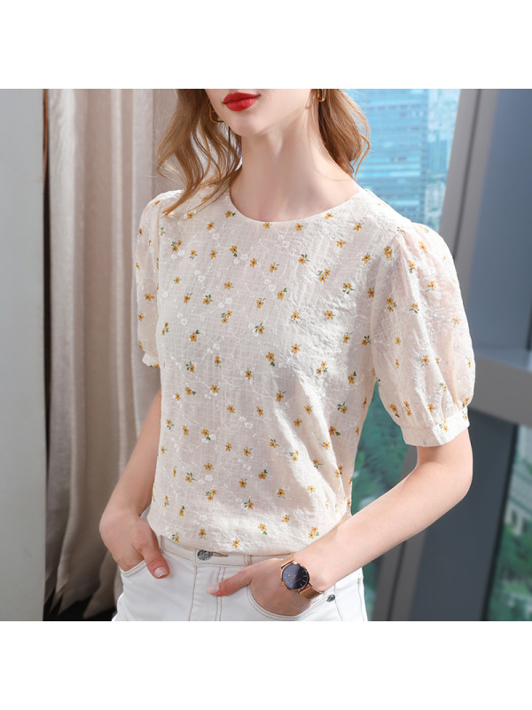 Ceba碎花雪纺衫女夏2022年新款女装圆领田园风短袖T恤法式泡泡袖上衣