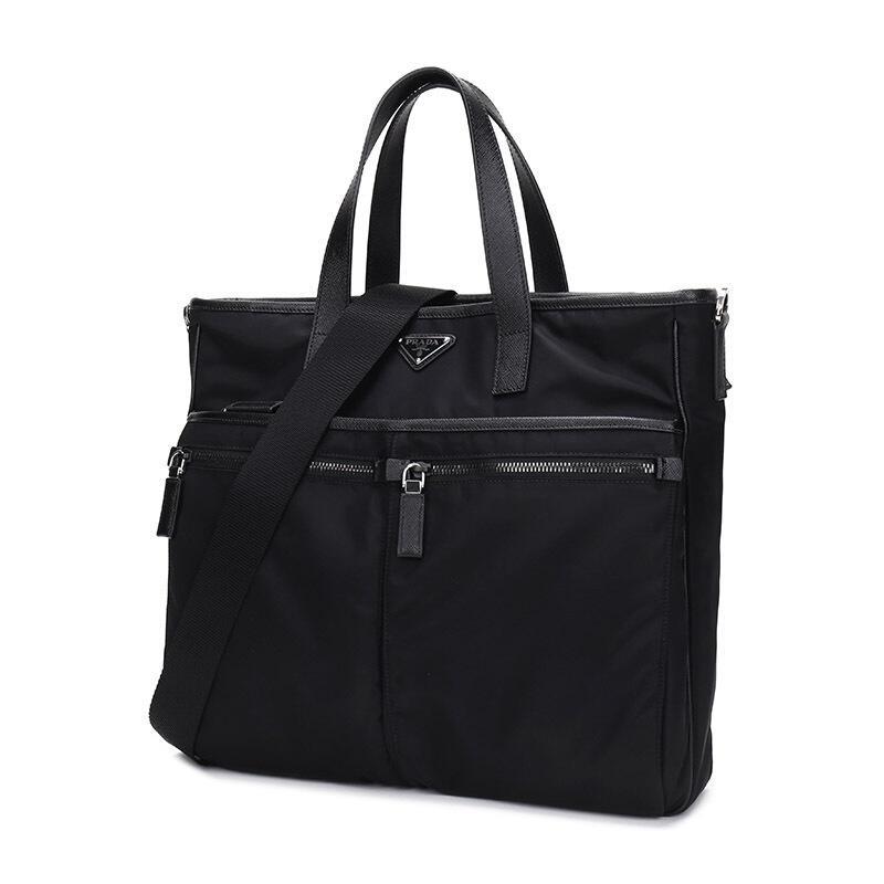 prada普拉达男士黑色织物手提袋单肩包2vg860064