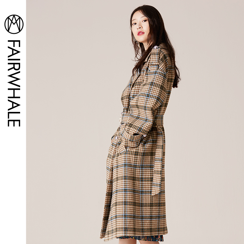 马克华菲女装2019冬经典格纹毛呢大衣中长款英伦风显瘦大衣