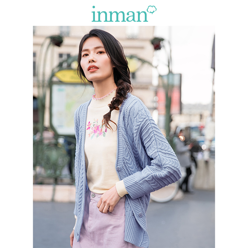 茵曼2019春装新款v领文艺范复古宽松麻花毛衣开衫女针织外套短款