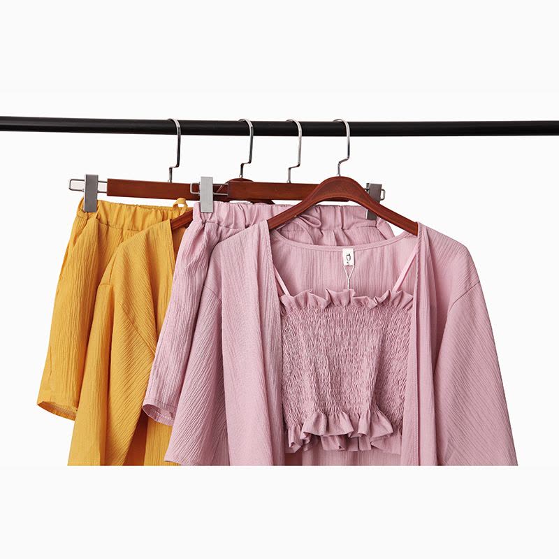 2018夏新款收腰带上衣阔腿短裤外搭开衫三件套图片