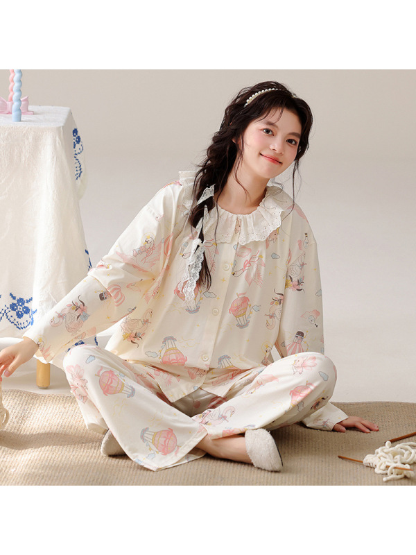 纯棉睡衣女士秋冬季新款长袖长裤大码甜美休闲圆领开衫家居服套装