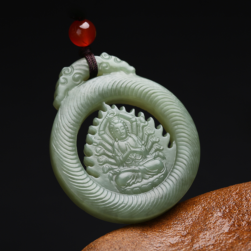印象眸和田玉吊坠精雕千手观音玉石坠子镂空挂件坐莲观音玉牌男款玉佩