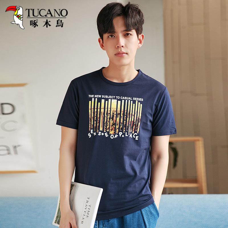 啄木鸟(TUCANO)男生短袖t恤韩版圆领修身学生体恤夏季潮青少年印花上衣服 18101ZM708