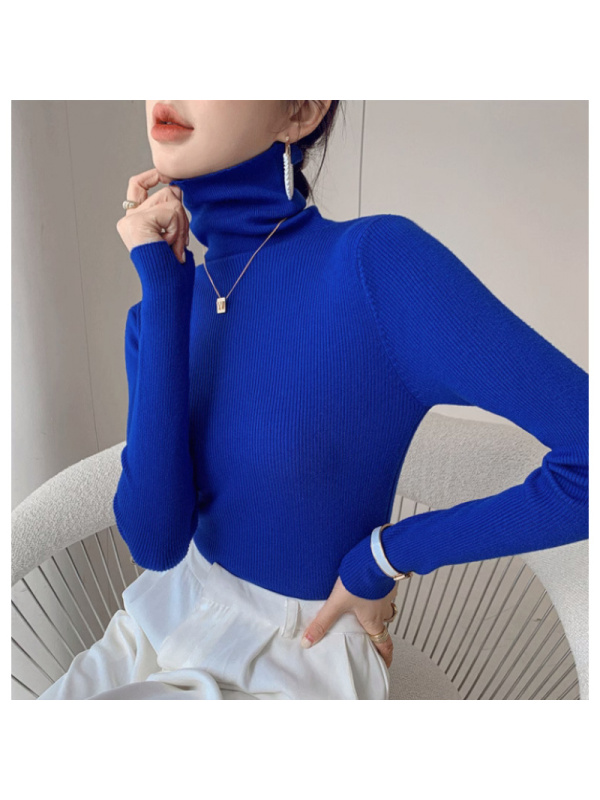 秋装新款女克莱因蓝堆堆领针织衫打底衫高领毛衣紧身修身内搭上衣