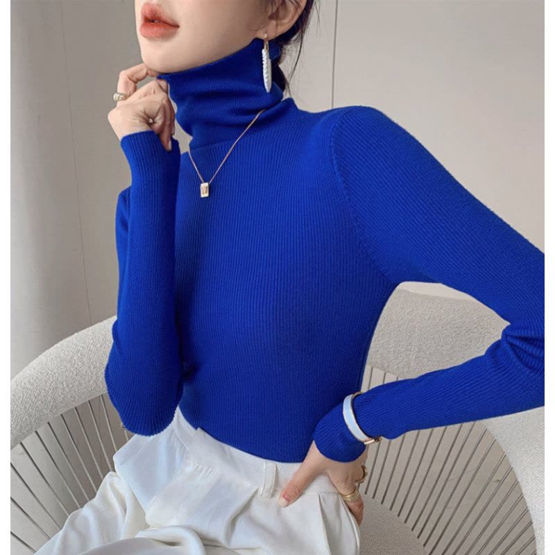 秋装新款女克莱因蓝堆堆领针织衫打底衫高领毛衣紧身修身内搭上衣图片