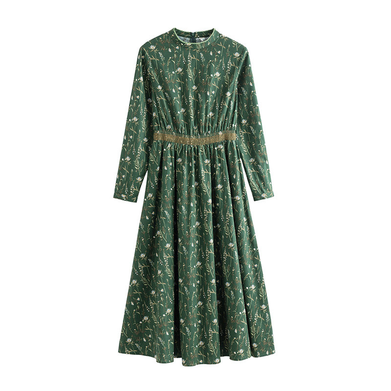 茵曼女装新款立领收腰显瘦气质绿色碎花连衣裙春小清新中长裙