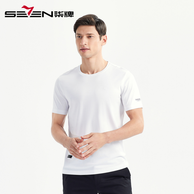 柒牌SEVEN男装弹力透气印花夏季圆领休闲纯色短袖T恤