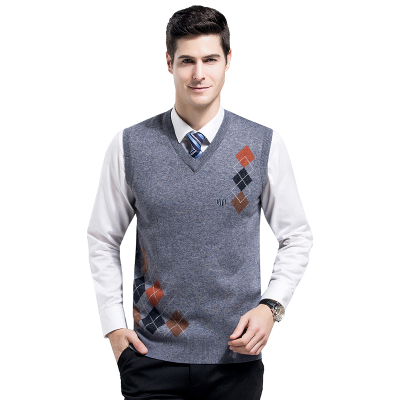恒源祥男士100纯羊毛衫秋冬款背心男v领套头针织马甲