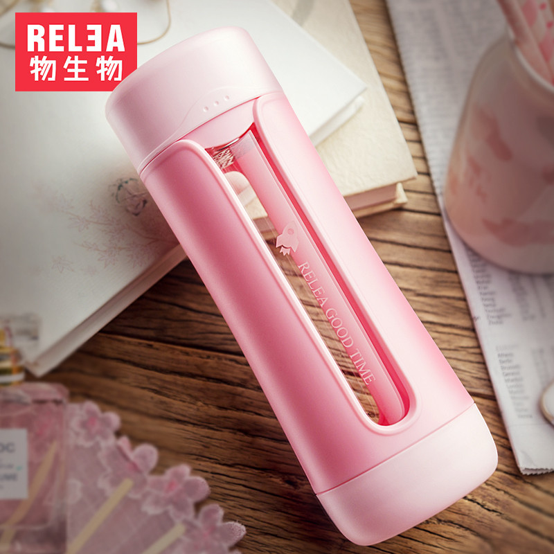 物生物(RELEA)玻璃杯男女双层创意防摔便携水杯随手杯子商务男士 带盖泡茶杯过滤.