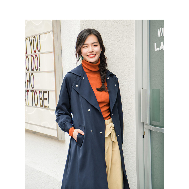 茵曼春秋装新款翻领配腰带端庄大气宽松长袖风衣外套女中长款