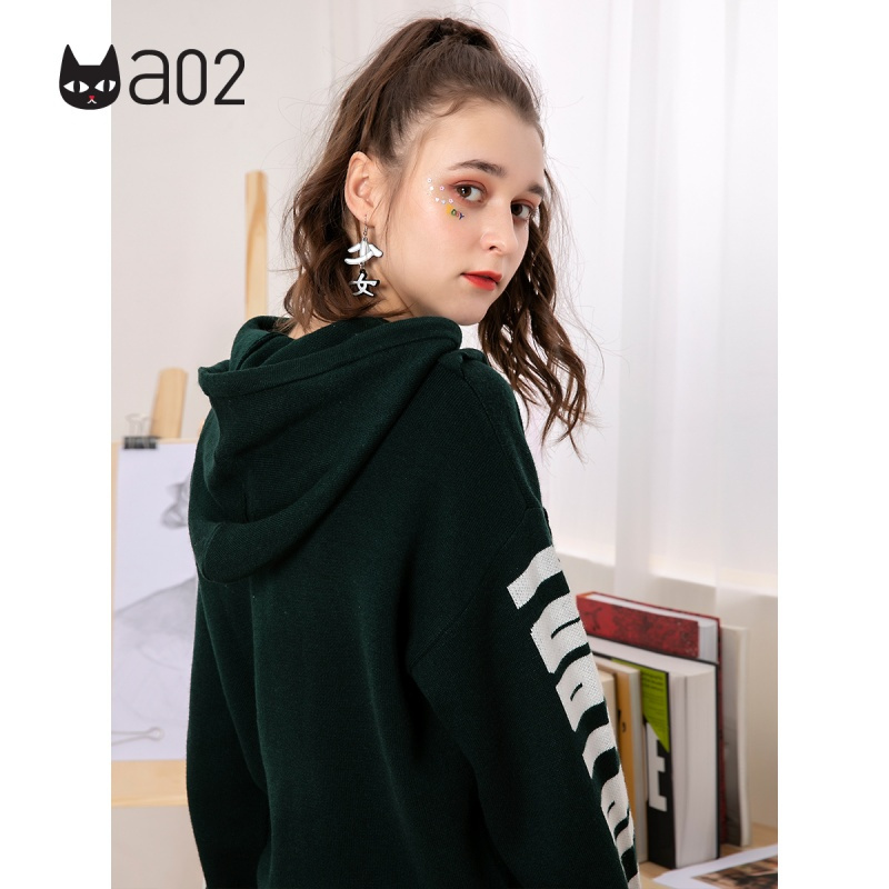 a02新款时尚字母印花木耳边连帽宽松针织衫女D1T6D0581ST