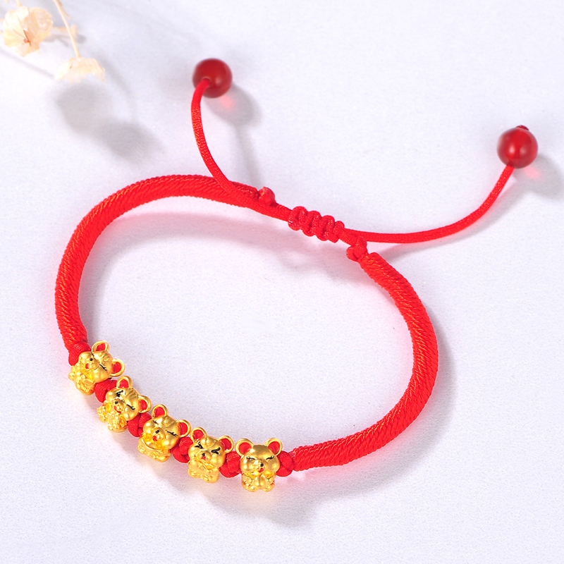 蒂蔻本命年生肖五福鼠黄金转运珠手链男女款编织红绳烤漆3d硬足金可爱