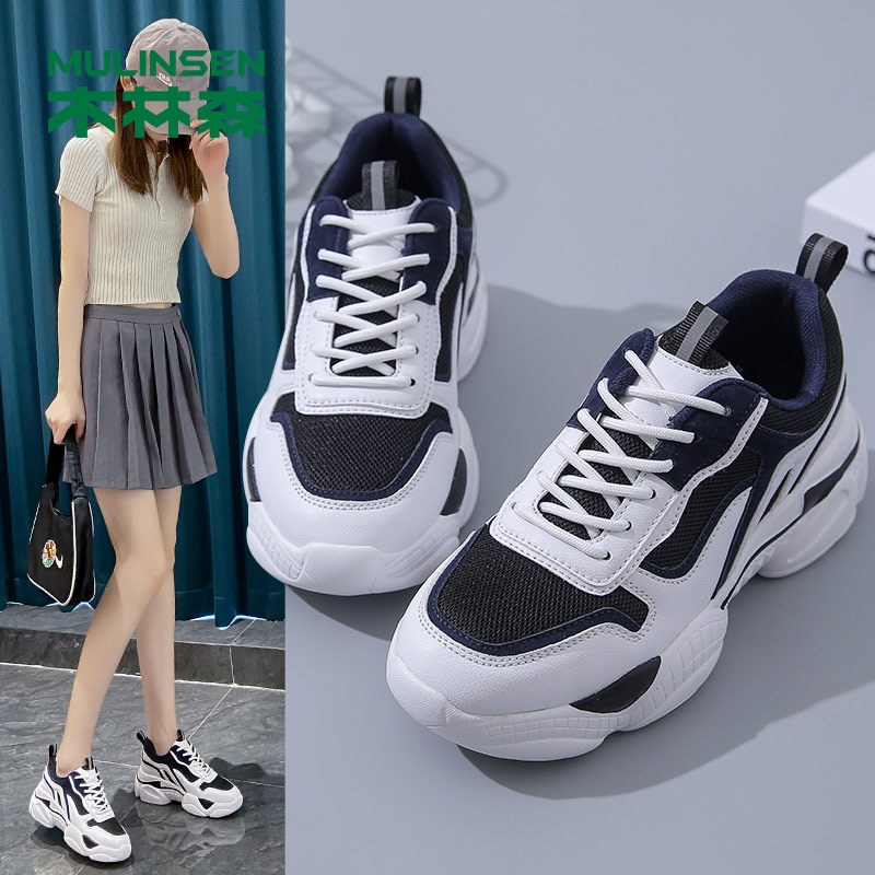 木林森女鞋秋季新款老爹鞋女时尚百搭休闲鞋女飞织网面软底女生鞋子报