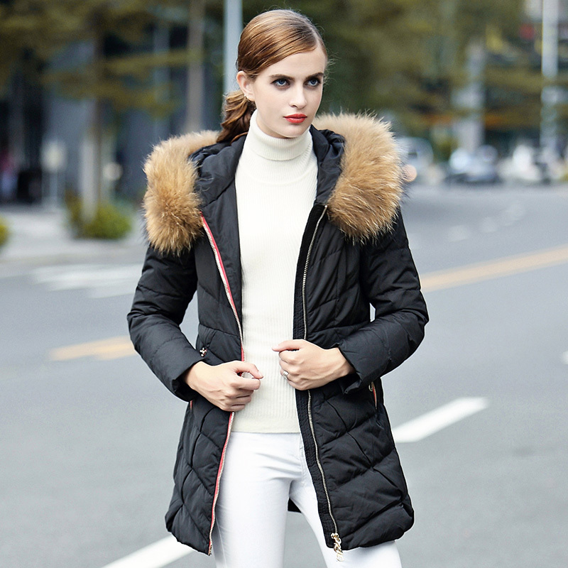 yaloo/雅鹿时尚中长款大毛领羽绒服女 连帽修身显瘦冬装外套潮