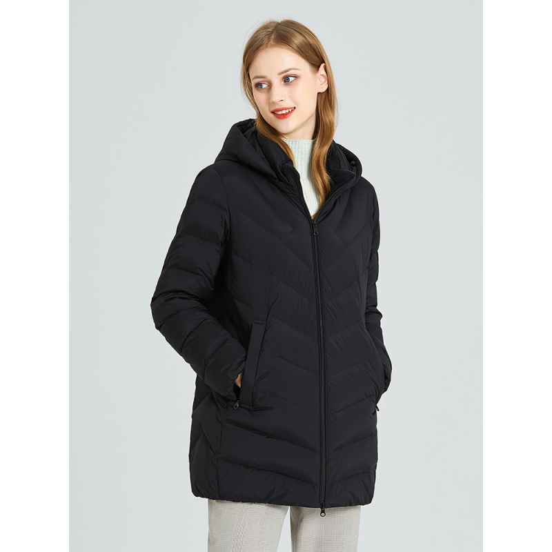 坦博尔2020新款羽绒服女中长款连帽妈妈款保暖弹力羽绒服外套