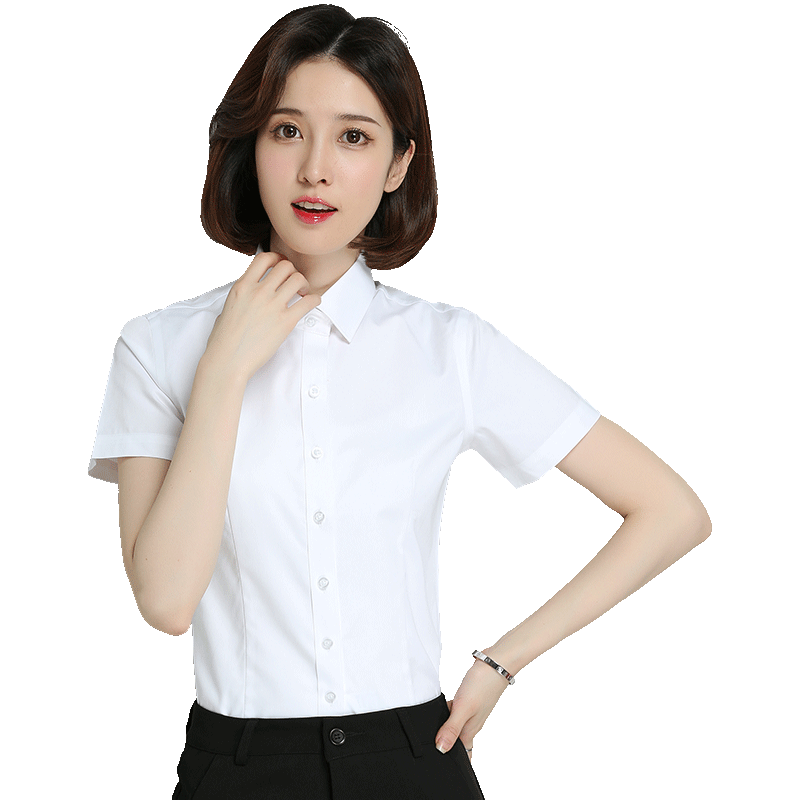 恒源祥新款白衬衫女纯棉短袖方领衬衣夏装修身纯色工作服职业正装