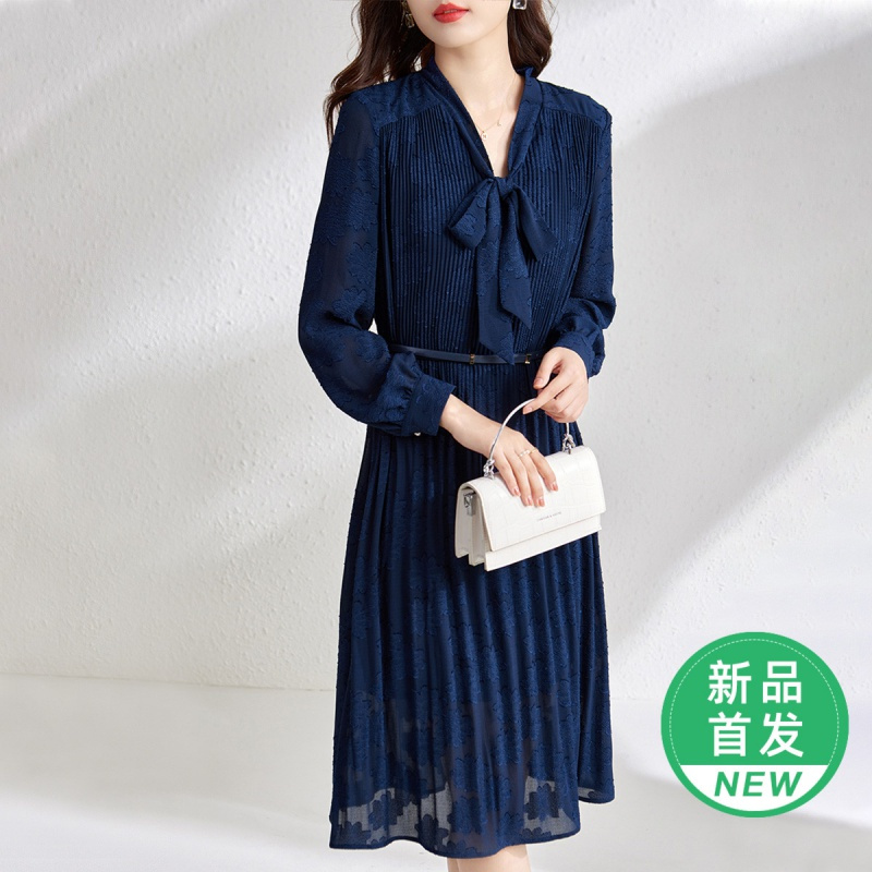 OUNIXUE欧昵雪 | [蝴蝶飘带装饰雪纺裙]春季优雅提花配皮带修身女士连衣裙