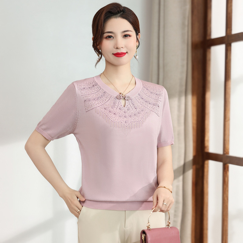 新款妈妈小衫40岁中年针织短袖女装中老年夏季薄款上衣女60岁烫钻