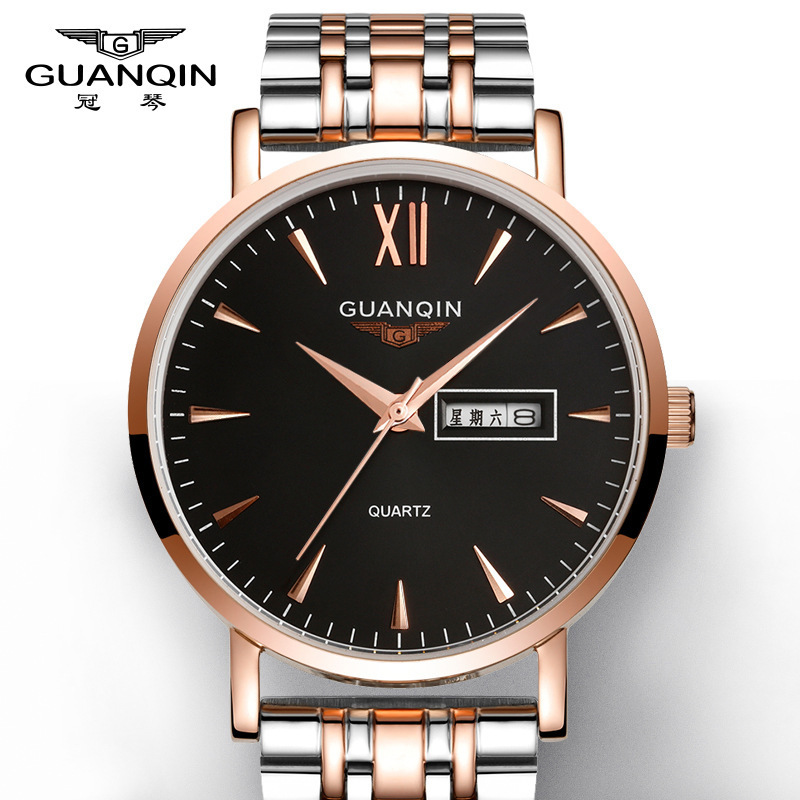 冠琴(GUANQIN)手表防水夜光高档正品钢带石英表潮流商务腕表