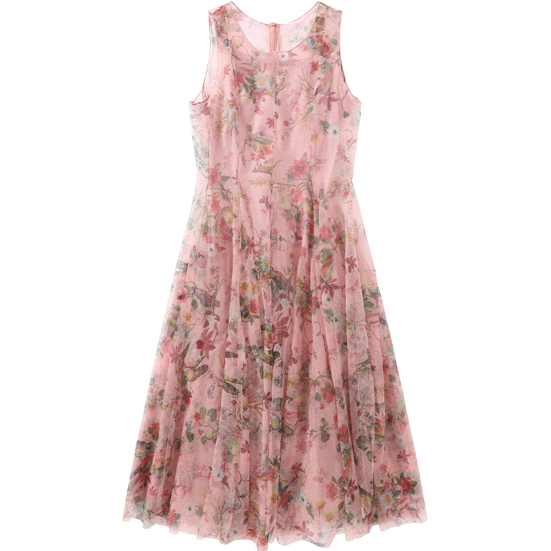 马克华菲女装2020夏无袖中长款衣裙法式浪漫印花连衣裙优雅