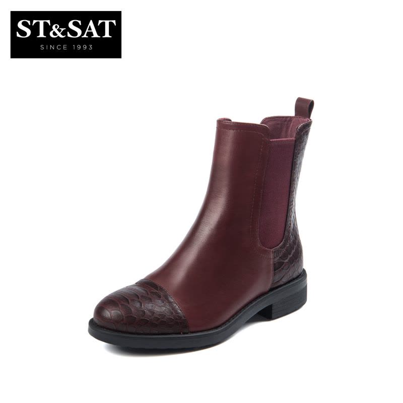 St&Sat/星期六冬季新款牛皮拼接蛇纹圆头短靴女鞋SS64117122图片