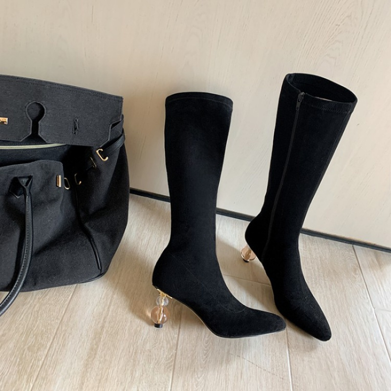 格瑞迪欧弹力靴新款水晶跟尖头瘦瘦靴及膝长靴女靴子单靴高筒靴骑士