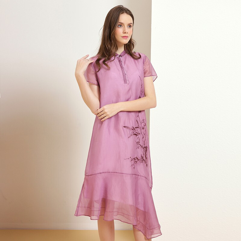 金菊女装春夏季新款真丝刺绣连衣裙短袖桑蚕丝中长款连衣裙中国风小方
