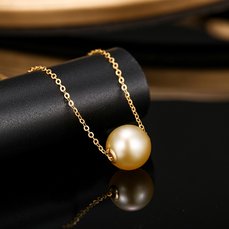18k金正圆9-10mm亮黑大溪地黑珍珠/南洋香槟金珍珠吊坠/海水珍珠项链